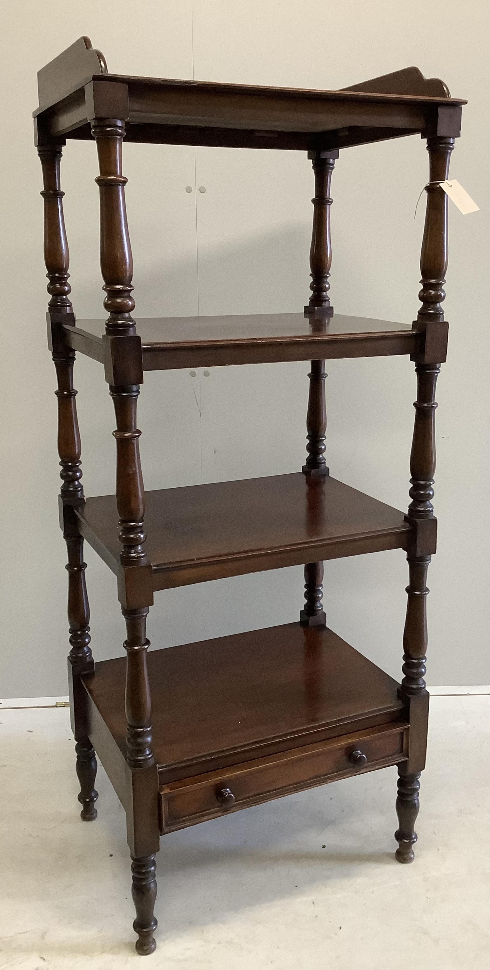 A Victorian mahogany four tier whatnot, width 60cm, depth 46cm, height 149cm. Condition - fair to good